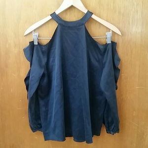 Roi Black Silk open shoulder long sleeve blouse